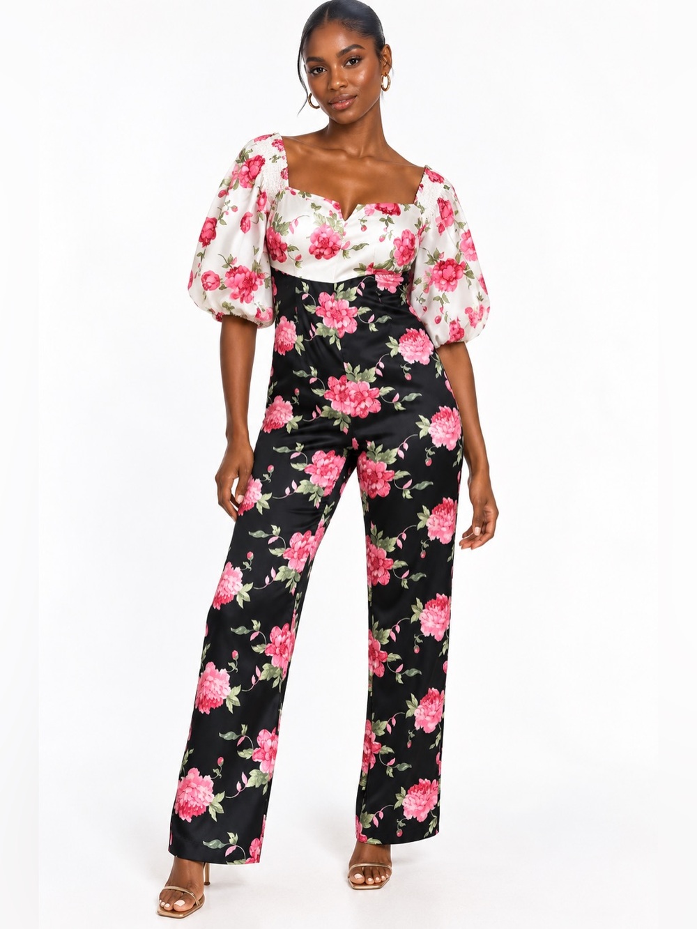 RARE LONDON Floral Off-Shoulder Jumpsuit in Pink and Black